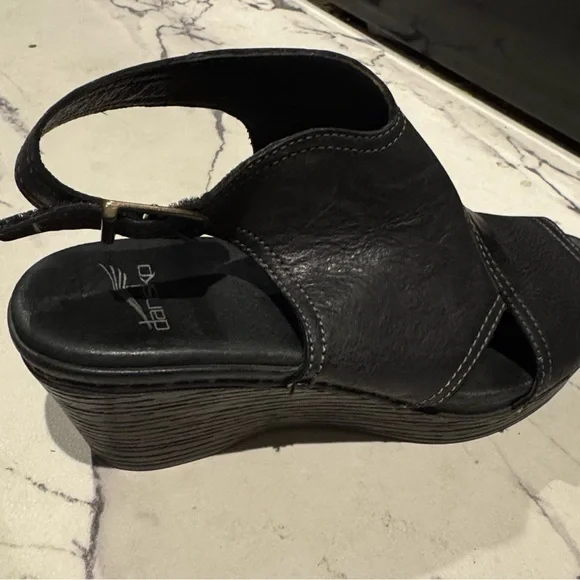 Dansko Black Leather Wedge Sandals - Picture 3 of 4